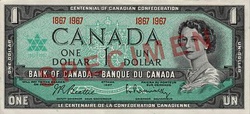 The obverse variants with the serial number (top) and dates (middle), and the reverse (bottom) of the Canadian Centennial $1 banknote.