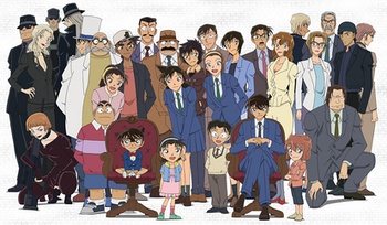 Many of the main characters as they appear in the anime. The top row from left to right: Vodka, Vermouth, Korn, Gin, Kaito Kid, Herschel Agasa (Hiroshi Agasa), Harley Hartwell (Heiji Hattori), Richard Moore (Kogoro Mori), Joseph Meguire (Juzo Megure), Masumi Sera, Harry Wilder (Wataru Takagi), Michele Simone (Miwako Sato), Booker Kudo (Yusaku Kudo), Vivian Kudo (Yukiko Kudo), Toru Amuro, Jodie Starling, James Black, Shuichi Akai, and Subaru Okiya (Shuichi Akai in disguise). Bottom row from left to right: Chianti, Kazuya Toyama, George Kaminski (Genta Kojima), Conan Edogawa, Amy Yeager (Ayumi Yoshida), Rachel Moore (Ran Mori), Serena Sebastian (Sonoko Suzuki), Mitch Tennison (Mitsuhiko Tsuburaya), Jimmy Kudo (Shinichi Kudo), Anita Hailey (Ai Haibara), and André Camel.