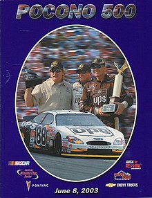 The 2003 Pocono 500 program cover, featuring Dale Jarrett, winner of the 2002 race.