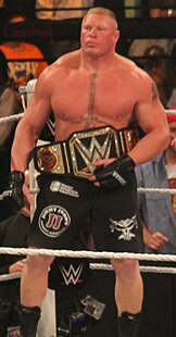 Seven-time and youngest champion Brock Lesnar.Top: Lesnar with the WWE Undisputed Championship belt (2002–2005); he was the last to hold this as the Undisputed Champion as the title became the WWE Championship in September 2002Bottom: Lesnar with the "Network Logo" belt (2014–2023); he was the first wrestler to hold this design