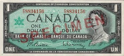 The obverse variants with the serial number (top) and dates (middle), and the reverse (bottom) of the Canadian Centennial $1 banknote.