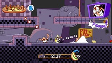 Peppino dashing during the "Pizza Time" escape phase in the first level. Gustavo can be seen pointing to the exit, while Pizzaface is on the Pizza Time timer; following Peppino are three Toppins. In this screenshot, the player is picking up collectibles (the red clocks) to increase their score and maintain their combo.