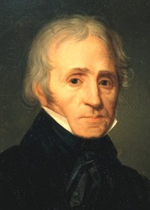 oil painting of head and shoulders of white man in early 19th-century costume, with receding grey hair and neat side-whiskers