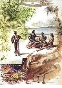 Theatre poster showing figures in classical dress on a beach with a seascape in the background and a burning city in the foreground