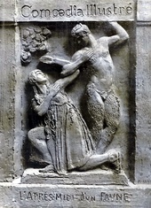 drawing in the style of a bas-relief showing two dancers, one as a young woman, one as a faun in semi-human form