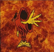 a horned, hooded monster with a bird on its shoulder emerges from a book and reaches towards the viewer against a fiery background