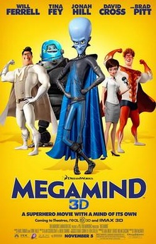 Poster showing primary characters; from left to right: Metro Man, Minion, Megamind, Roxie and Tighten