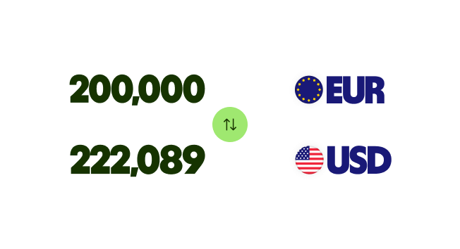 Notification showing transfer of 200,000 EUR to 222,089 USD.