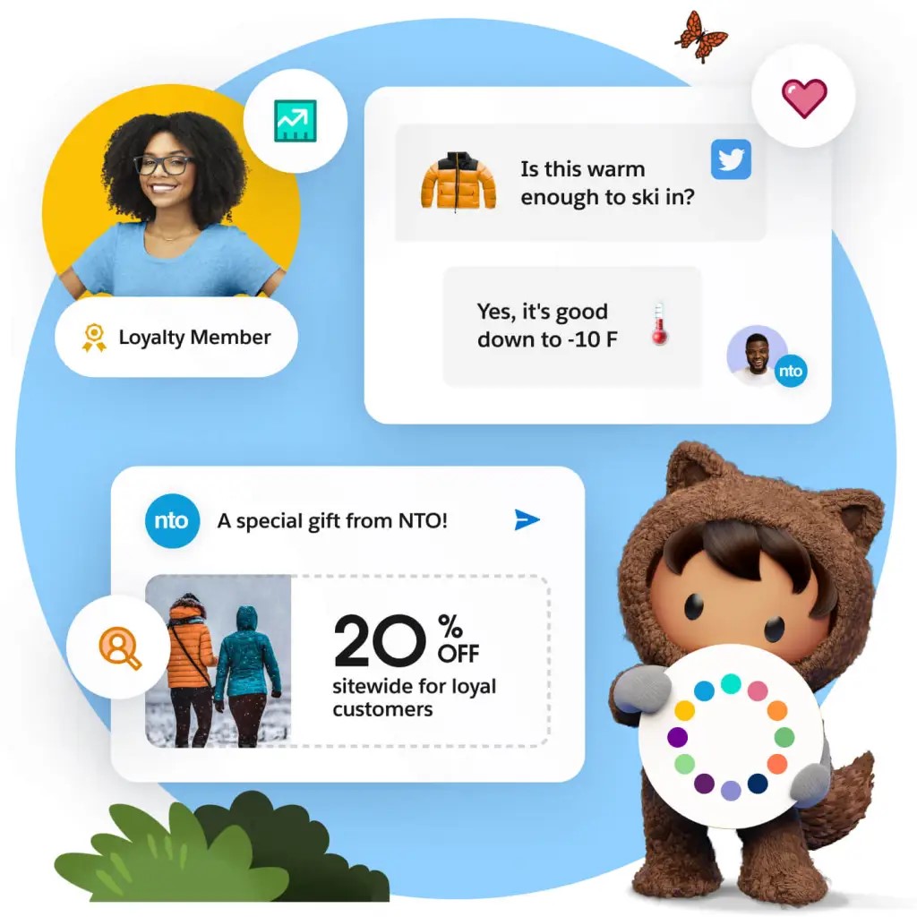 Salesforce character Astro holding a Customer 360 sign next to notifications from various Salesforce products.