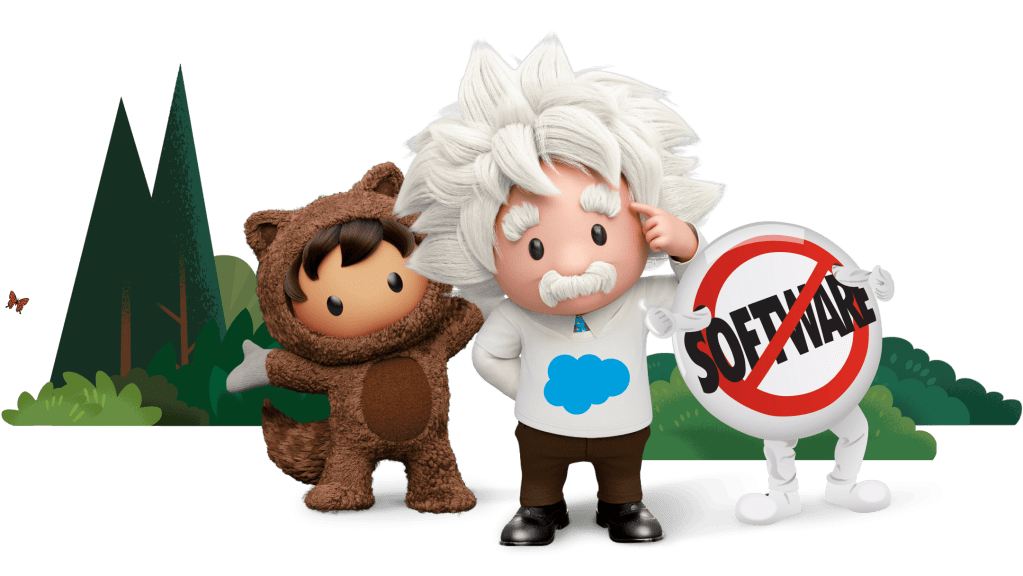 Astro und Einstein mit dem Schild „Keine Software“