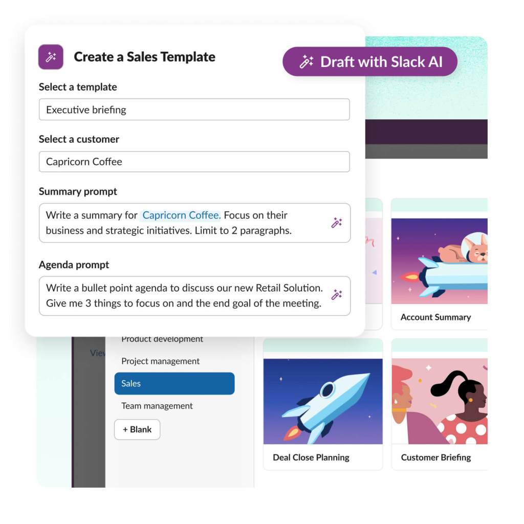 A window shows a sales template options to select template and customer, create summary and agenda prompt or draft with AI.