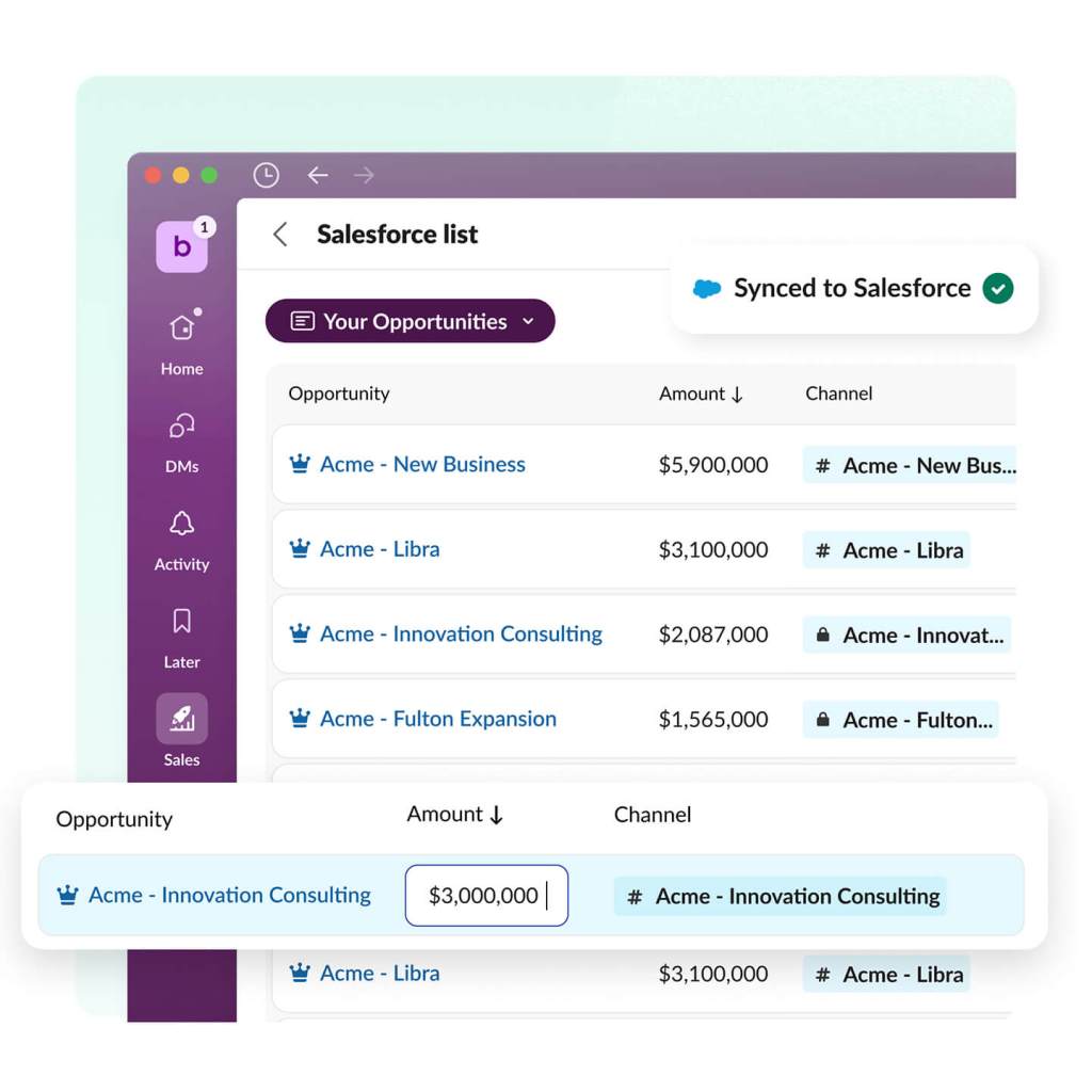 The Slack app displays the sales tab with a rep's opportunities and the ability to sort by amount all synced to Salesforce. 