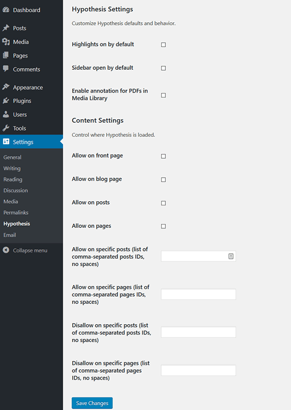 Hypothesis plugin settings