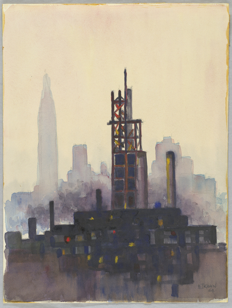 A watercolor featuring a silhouette of the Empire State Building against an ivory colored background, with a detailed depiction of an industrial site in the foreground.