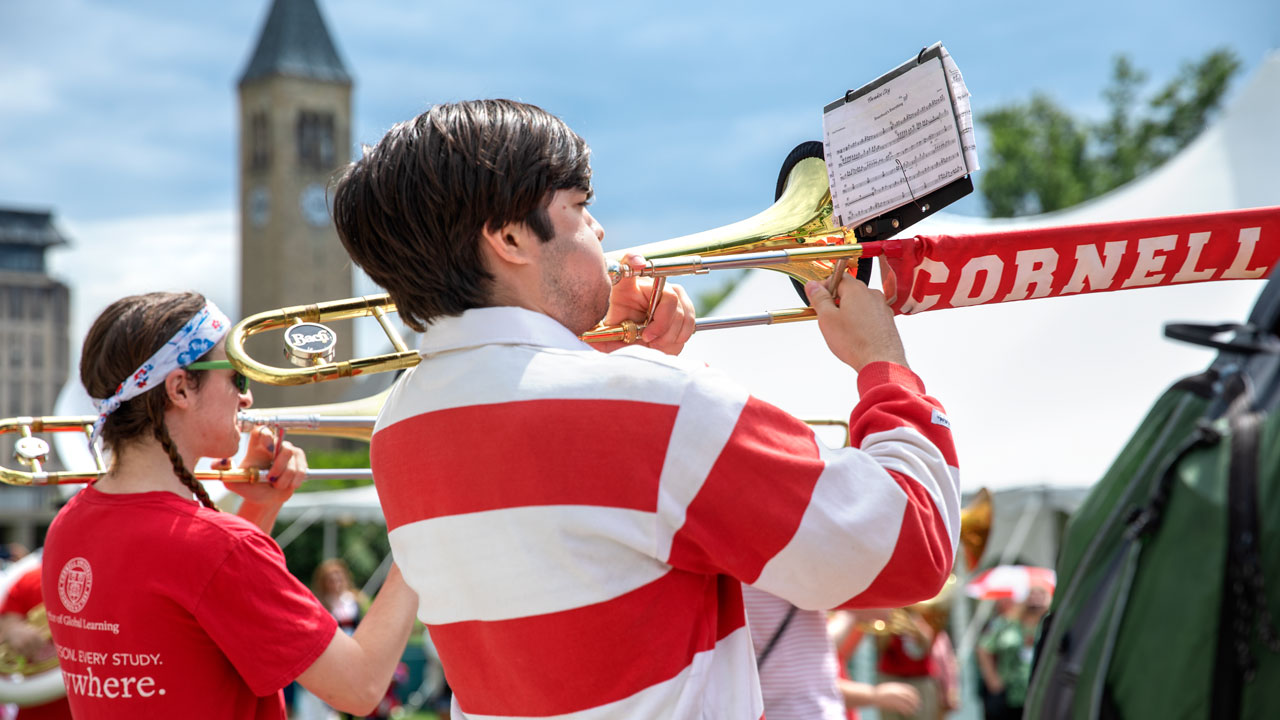 The Big Red Marching Band performs on the Arts Quad.