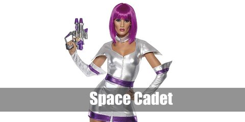 The Space Cadet outfit features a silver or metallic dress, boots, and gloves. She has purple hair and a toy gun.