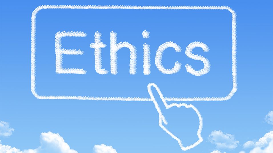 graphic with a hand pointing towards the word ethics