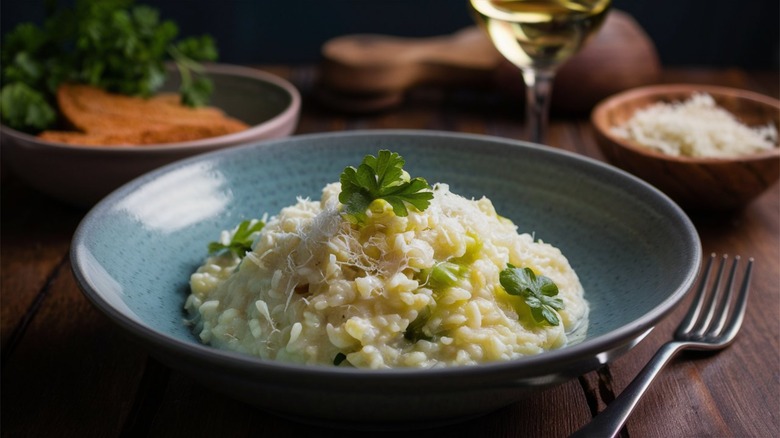 Plate of risotto on table