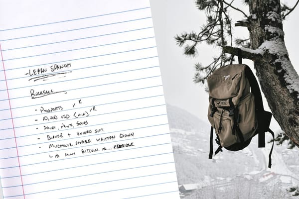 A sheet of lined paper with a “bug out” list, and a photo of a rucksack hanging from a tree