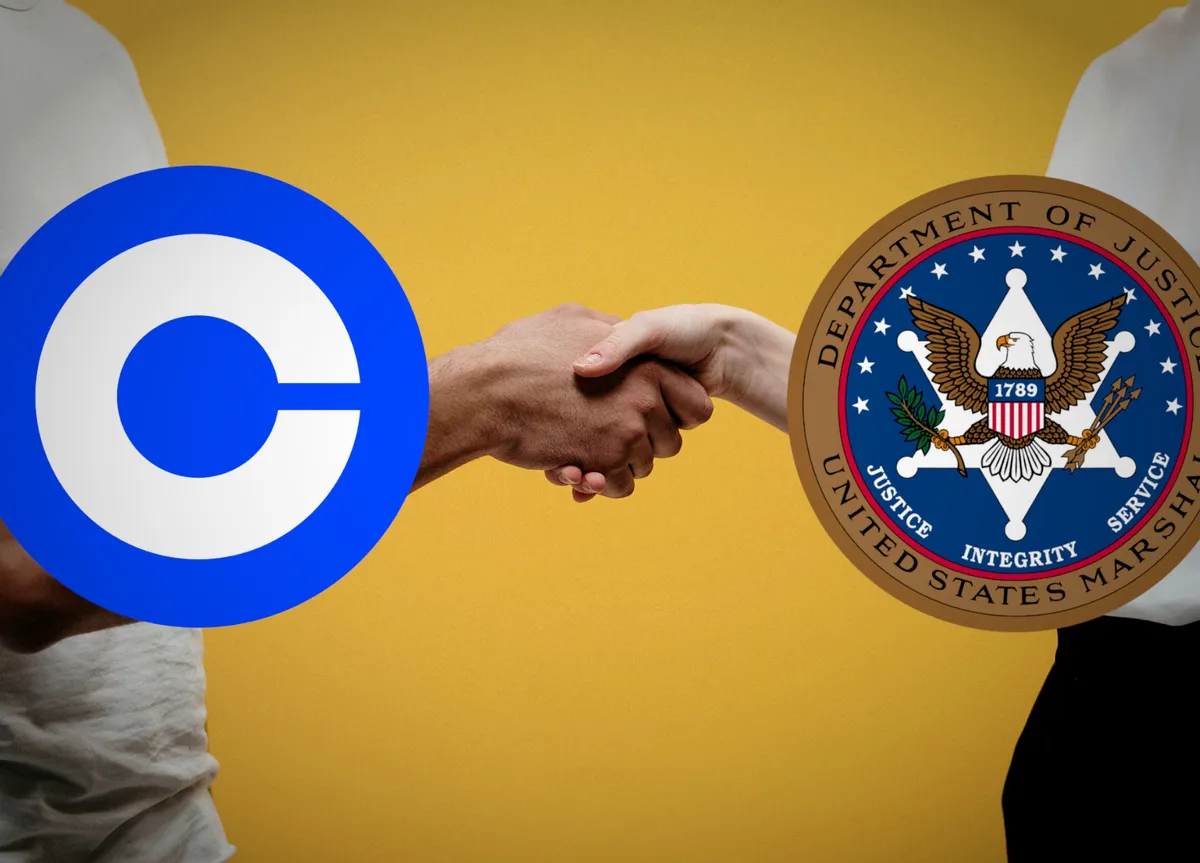 The Coinbase logo and the US Marshals seal overlaid on a photo of two people shaking hands