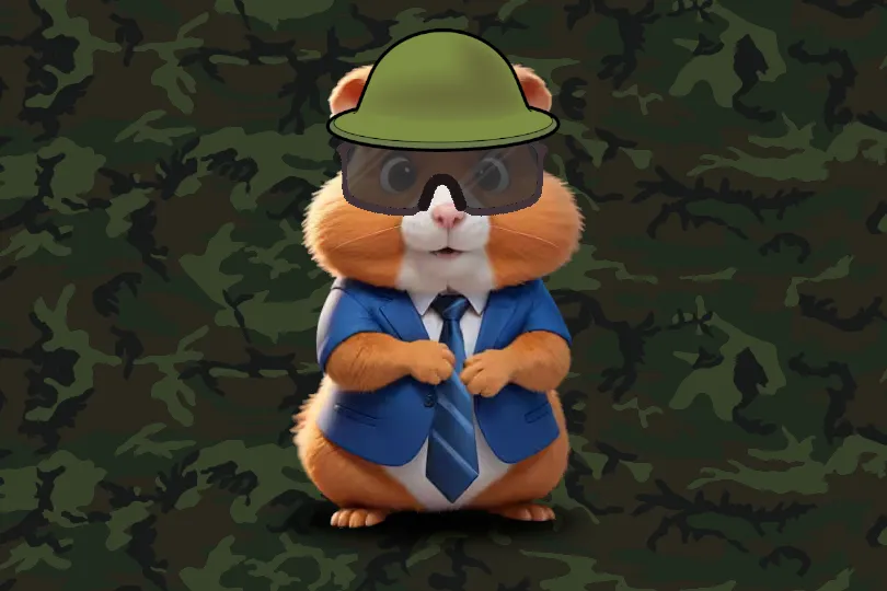 A CGI hamster wearing a short-sleeved blue suit jacket, tie, military helmet, and goggles