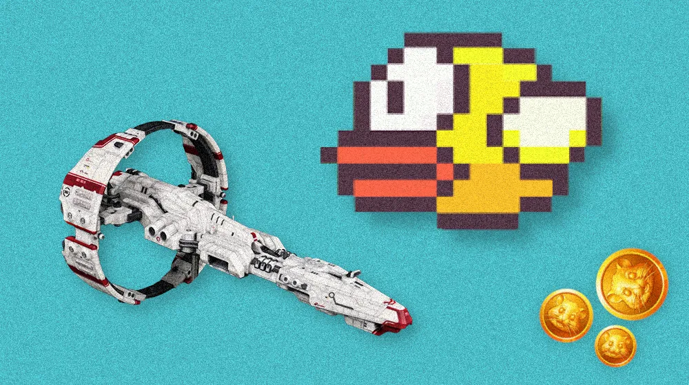 A collage of a Stratios ship from Eve Online, the Flappy Bird bird, and Hamster Kombot tokens