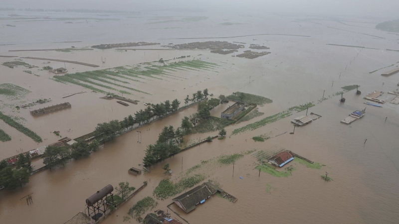 This undated photo provided on Monday, July 29, 2024 by the North Korean government, shows a flood-hit area in North Phyongan province, North Korea. Independent journalists were not given access to cover the event depicted in this image distributed by the North Korean government. The content of this image is as provided and cannot be independently verified. (Korean Central News Agency/Korea News Service via AP)
