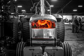 The front of a pulling tractor with the engine highlighted