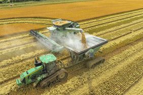 Combine harvesting corn and emptying corn into 