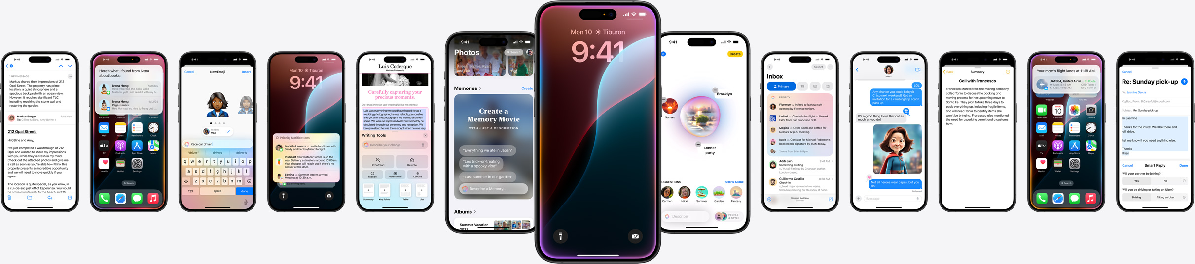 Static image of multiple iPhones showing Apple Intelligence features.
