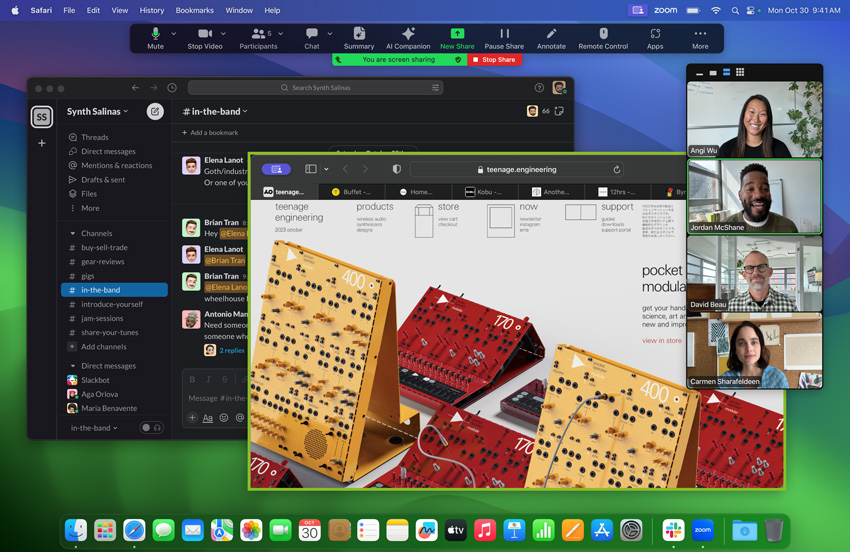 O întâlnire Zoom pe MacBook Pro cu cip M3: utilizatorul partajează ecranul pentru a arăta website-ul companiei Teenage Engineering, prezentând o imagine a echipamentului de sintetizator modular, cu un canal Slack numit Synth Salinas deschis în fundal