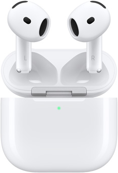 AirPods 4 acima do estojo de recarga com a tampa aberta.