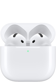 AirPods 4 dentro do estojo de recarga com a tampa aberta.