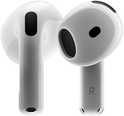 Dois AirPods 4 girando um ao redor do outro e parando em ângulos diferentes.