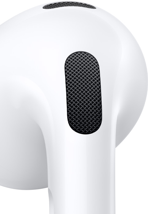 Ảnh chụp cận cảnh micrô ở mặt ngoài tai nghe AirPods.