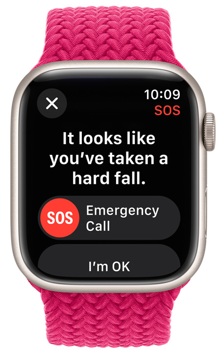 Pohled zepředu na Apple Watch s aktivovanou funkcí SOS.