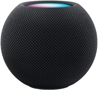 Keskiyö HomePod mini, jonka yläpuolella värikkäät pikselit muodostavat sanan ”mini”.