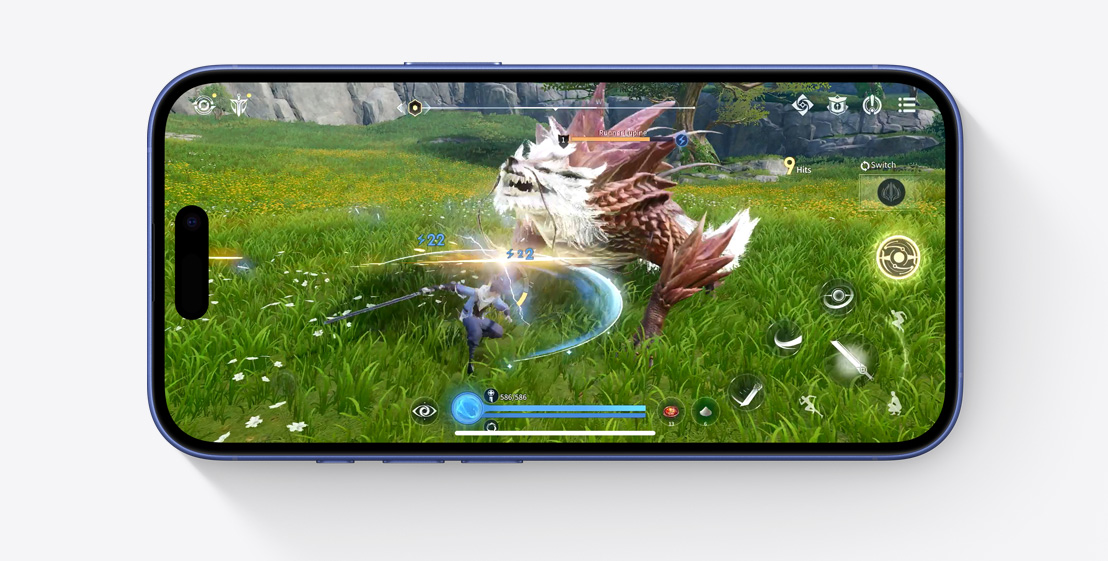 Un iPhone 16 Pro à l’horizontale affichant une scène du jeu vidéo Infinity Nikki.