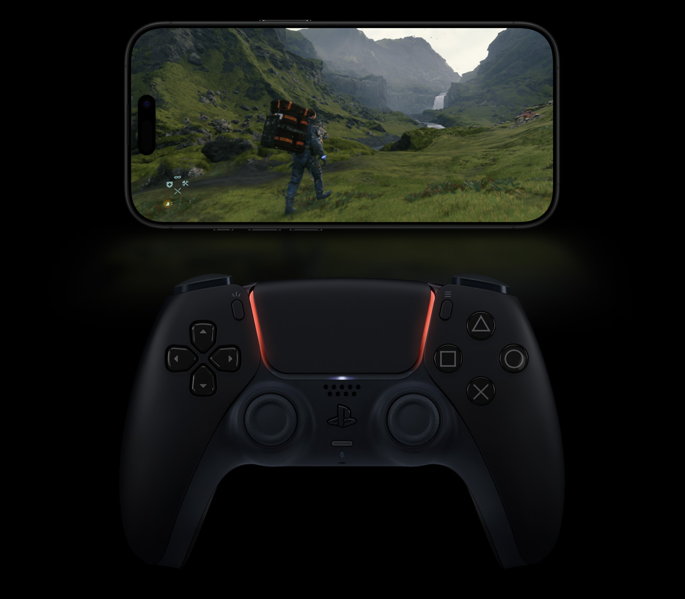 Le jeu Death Stranding Director’s Cut affiché sur un iPhone 16 Pro titane noir, avec une manette de jeu sans fil