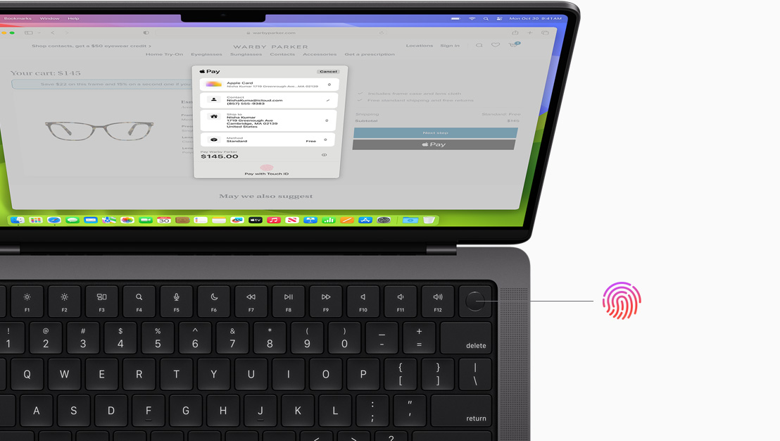 MacBook Pro screen shows an online purchase being made with Touch ID.
