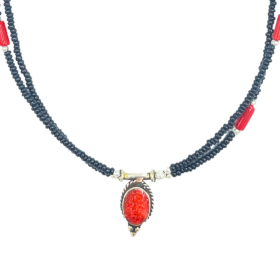 Collana Doppia Nepalese Extra Fine - Pendente Nero & Corallo