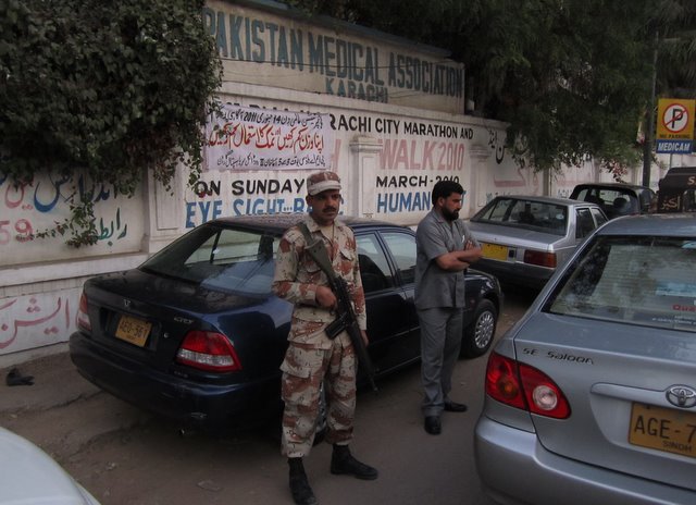 Security for the event. Two other organisations cancelled the event because of 'threats'. The Pakistan Medical Association refused to be intimidated.