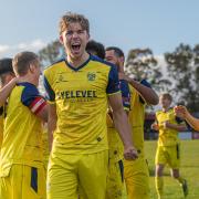 Ben Hockenhull celebrates his goal at Colne Picture: Phil Hill