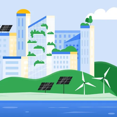 An illustration of a seaside urban cityscape with green energy sources powering infrastructure