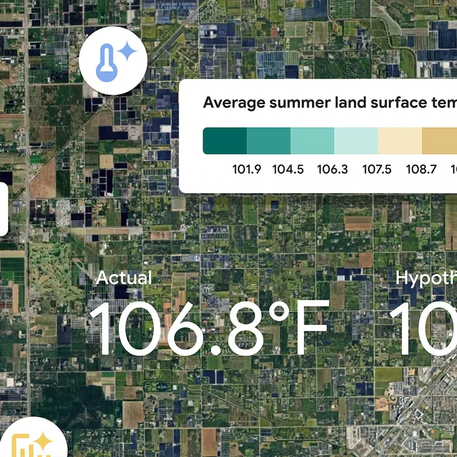 A satellite image of a city map with heat-related measurements overlaid in white