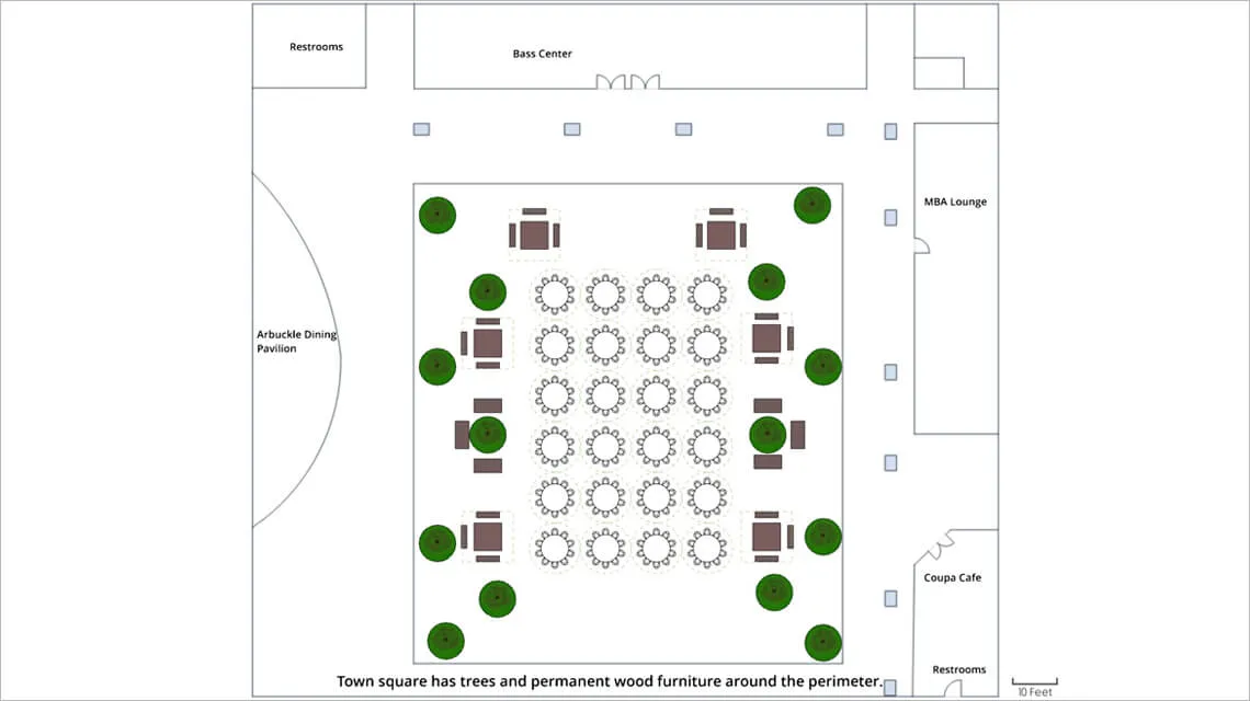 Town Square with dining style seating for 500. Also offers reception seating for 750.