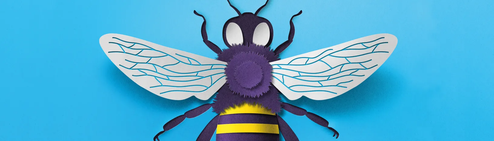 Cover illustration of a detailed, 3D paper cutout of a bee from the Summer 2018 issue of Stanford Business magazine.