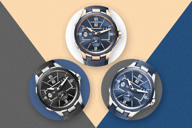 Three Swiss watches: blue and black faces.