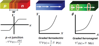 Figure 6: 
							Internal potentials of semiconductors, ferroelectrics, and ferromagnetics created by gradients in charge density, polarization, and magnetization, respectively (Mantese et al. 2005).
						