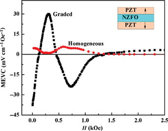 Figure 7: 
							ME voltage coefficient (MEVC) as a function of DC magnetic field for trilayer PZT/NZFO/PZT composites with graded or homogenous NZFO (Mandal et al. 2010).
						